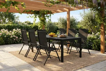 Tunis utendørs spisegruppe 205x90 cm med 6 regulerbare stoler - Svart/svart - Hagemøbler - Hagegruppe - Spisegrupper hage