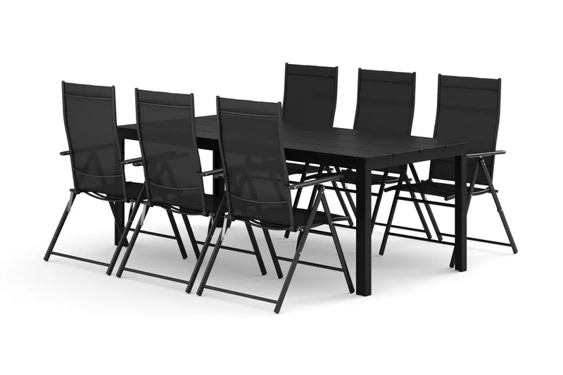 Tunis utendørs spisegruppe 205x90 cm med 6 regulerbare stoler, Svart/svart