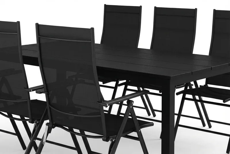 Tunis utendørs spisegruppe 205x90 cm med 6 regulerbare stoler - Svart/svart - Hagemøbler - Hagegruppe - Spisegrupper hage