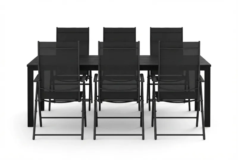 Tunis utendørs spisegruppe 205x90 cm med 6 regulerbare stoler - Svart/svart - Hagemøbler - Hagegruppe - Spisegrupper hage