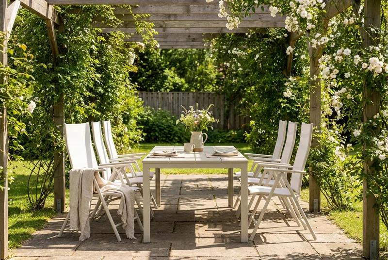 Tunis utendørs spisegruppe 205x90 cm med 6 Sanna regulerbare stoler - Beige/beige - Hagemøbler - Hagegruppe - Spisegrupper hage