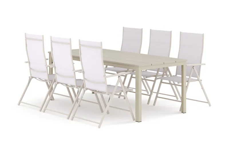 Tunis utendørs spisegruppe 205x90 cm med 6 Sanna regulerbare stoler - Beige/beige - Hagemøbler - Hagegruppe - Spisegrupper hage