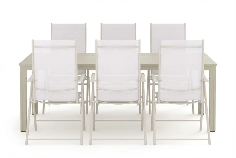 Tunis utendørs spisegruppe 205x90 cm med 6 Sanna regulerbare stoler - Beige/beige - Hagemøbler - Hagegruppe - Spisegrupper hage