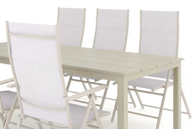 Tunis utendørs spisegruppe 205x90 cm med 6 Sanna regulerbare stoler - Beige/beige - Hagemøbler - Hagegruppe - Spisegrupper hage