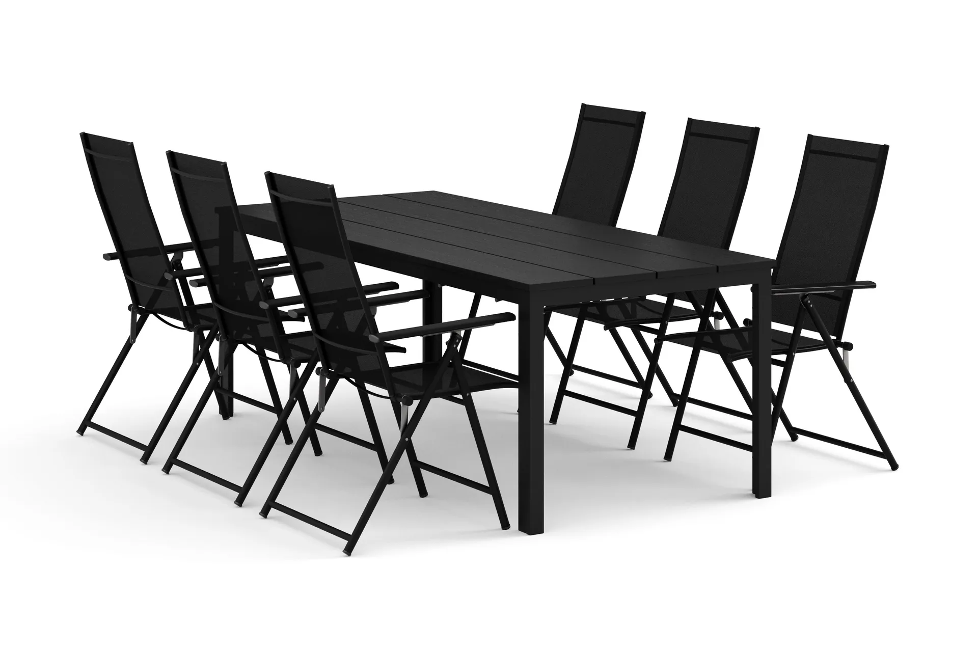 Tunis utendørs spisegruppe 205x90 cm med 6 Sanna posisjonsstoler - Svart/Svart