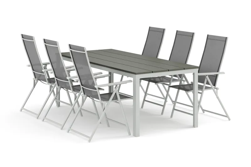 Tunis utendørs spisegruppe 205x90 cm med 6 Sanna posisjonsstoler, Hvit/Grå