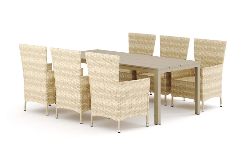 Tunis utendørs spisegruppe 205x90 cm med 6 Thor hagelenestoler, Beige/Beige