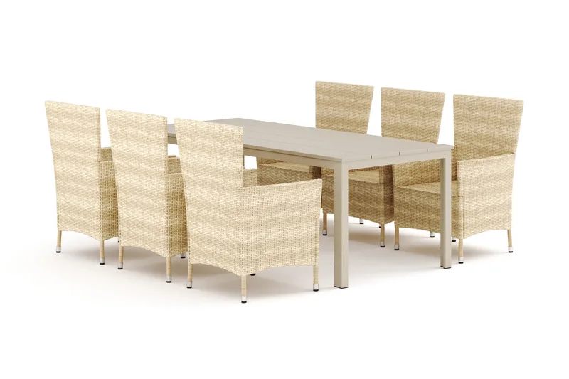 Tunis utendørs spisegruppe 205x90 cm med 6 Thor hagelenestoler, Beige/Beige