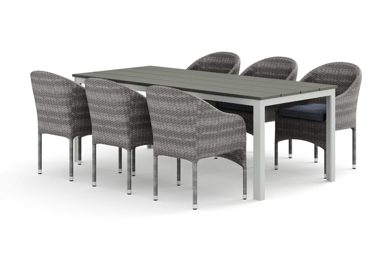 Tunis utendørs spisegruppe 205x90 cm med 6 Thor lenestoler, Hvit/Grå