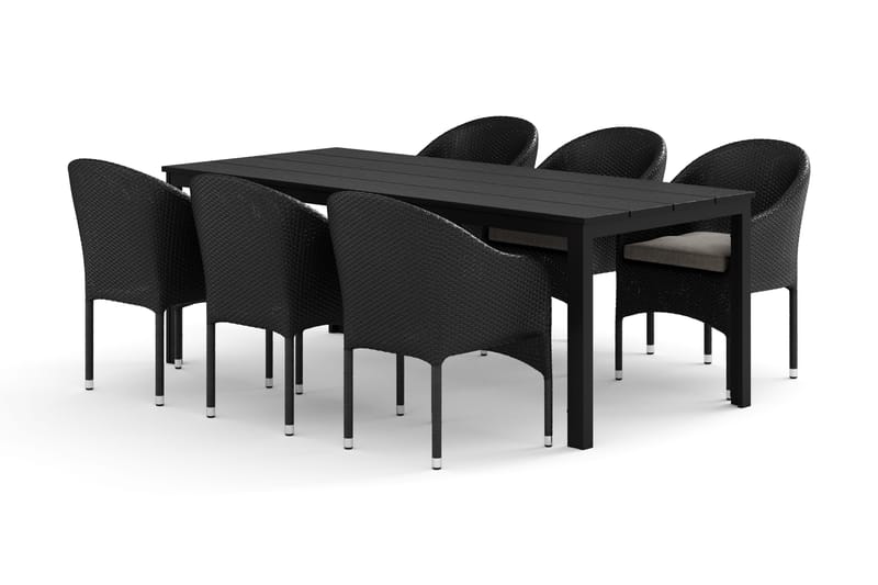 Tunis utendørs spisegruppe 205x90 cm med 6 Thor lenestoler - Svart/Svart - Hagemøbler - Hagegruppe - Spisegrupper hage