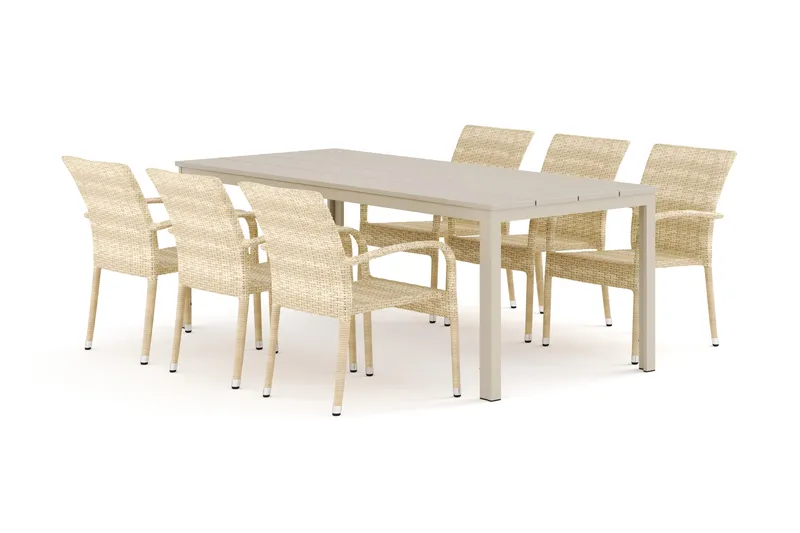 Tunis utendørs spisegruppe 205x90 cm med 6 Thor Light utendørs lenestoler - Beige/Beige - Hagemøbler - Hagegruppe - Spisegrupper hage