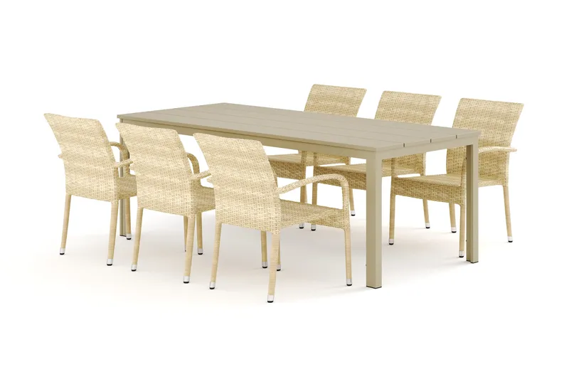Tunis utendørs spisegruppe 205x90 cm med 6 Thor Light utendørs lenestoler - Beige/Beige - Hagemøbler - Hagegruppe - Spisegrupper hage