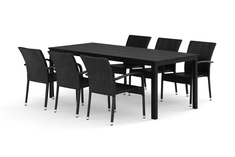 Tunis utendørs spisegruppe 205x90 cm med 6 Thor Light utendørs lenestoler - Svart/Svart - Hagemøbler - Hagegruppe - Spisegrupper hage