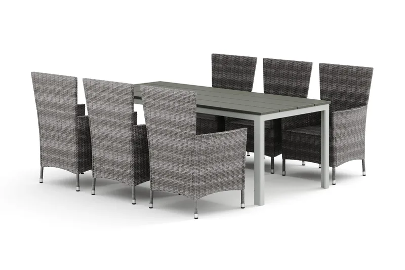 Tunis utendørs spisegruppe 205x90 cm med 6 Thor utefåtöljer, Hvit/Grå