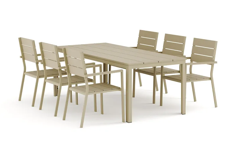 Tunis utendørs spisegruppe 205x90 cm med 6 Tunis stablebare stoler - Beige/Beige - Hagemøbler - Hagegruppe - Spisegrupper hage