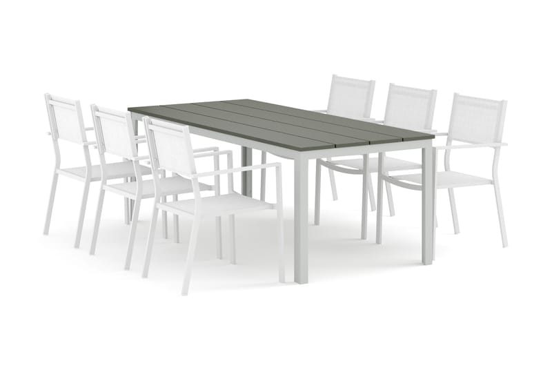Tunis utendørs spisegruppe 205x90 cm med 6 Tunis stablebare stoler - Hvit/grå - Hagemøbler - Hagegruppe - Spisegrupper hage
