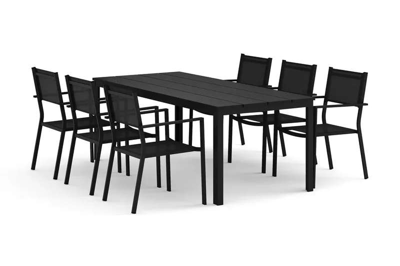 Tunis utendørs spisegruppe 205x90 cm med 6 Tunis stablebare stoler, Svart/svart