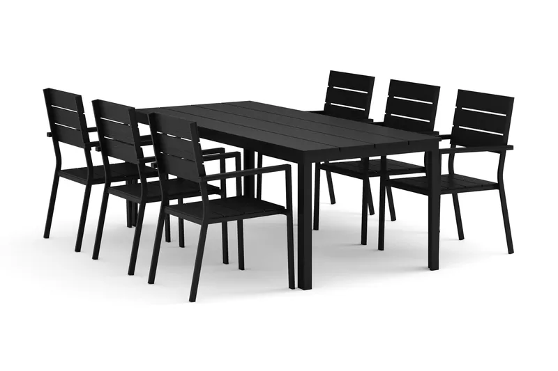 Tunis utendørs spisegruppe 205x90 cm med 6 Tunis stablebare stoler, Svart/Svart