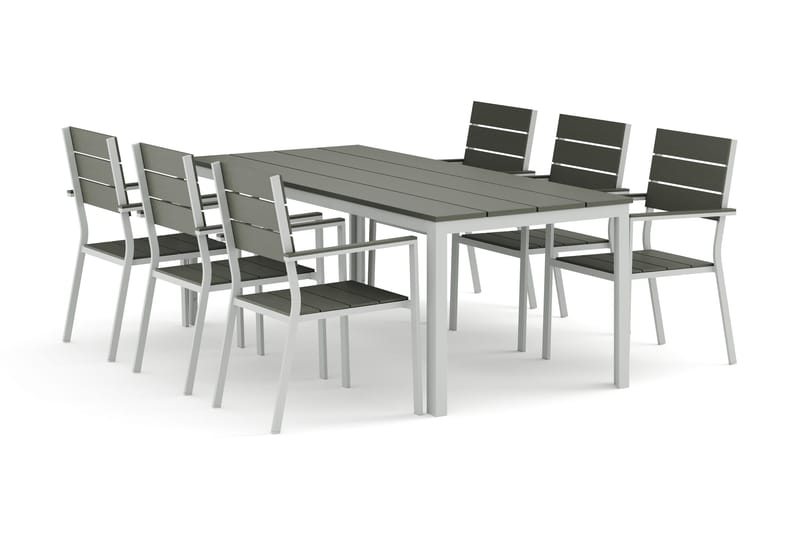 Tunis utendørs spisegruppe 205x90 cm med 6 Tunis stablestoler, Hvit/Grå