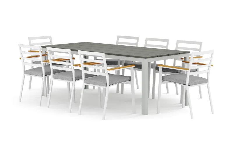 Tunis utendørs spisegruppe 205x90 cm med 8 Oliver karmstoler med pute, Hvit/Grå