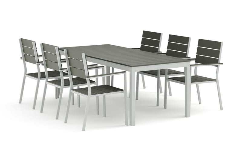 Tunis utendørs spisegruppe med uttrekk 205/305x90 cm med 6 Tunis stablestoler, Hvit/Grå