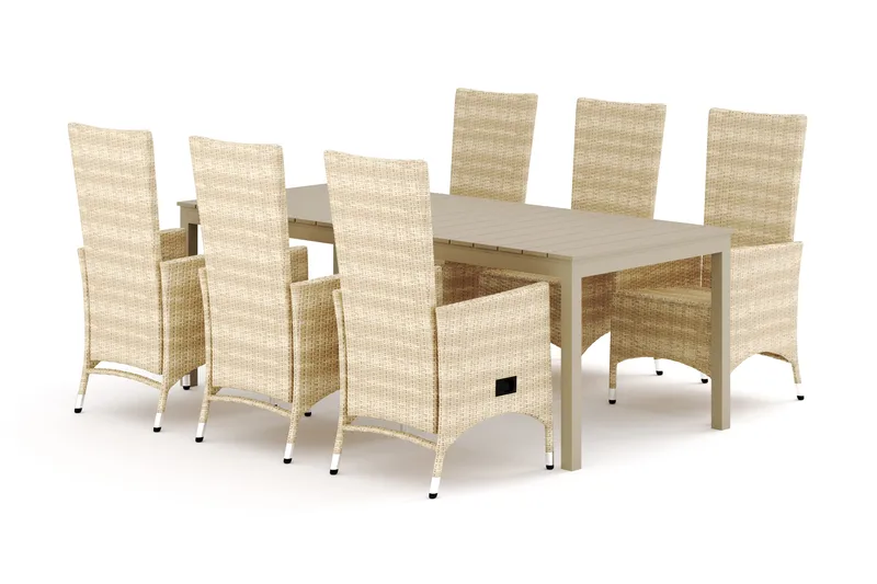 Tunis utendørs spisegruppe uttrekkbar 205/305x90 cm med 6 Jenny spisestoler, Beige/beige