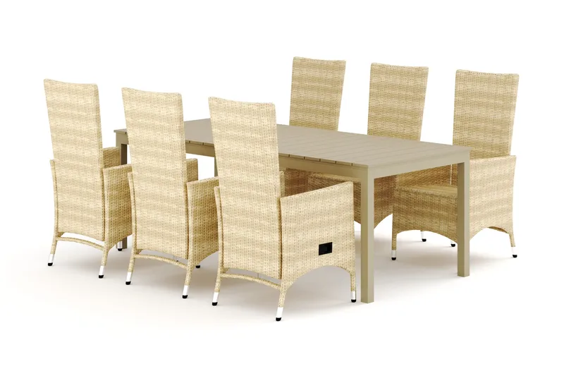 Tunis utendørs spisegruppe uttrekkbar 205/305x90 cm med 6 Jenny spisestoler - Beige/beige - Hagemøbler - Hagegruppe - Spisegrupper hage