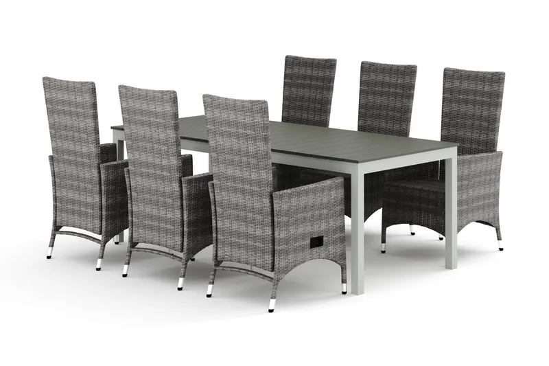 Tunis utendørs spisegruppe uttrekkbar 205/305x90 cm med 6 Jenny spisestoler, Hvit/grå