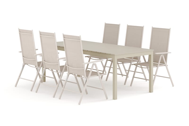 Tunis utendørs spisegruppe uttrekkbar 205/305x90 cm med 6 Maggie regulerbare stoler, Beige/Beige