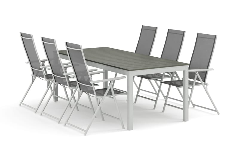 Tunis utendørs spisegruppe uttrekkbar 205/305x90 cm med 6 Sanna regulerbare stoler - Hvit/Grå - Hagemøbler - Hagegruppe - Spisegrupper hage