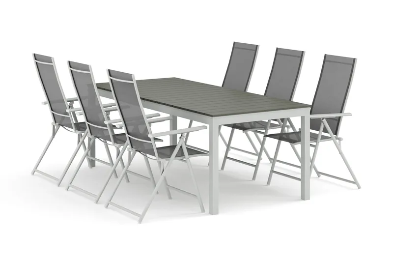 Tunis utendørs spisegruppe uttrekkbar 205/305x90 cm med 6 Sanna regulerbare stoler, Hvit/Grå
