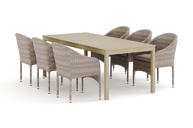 Tunis utendørs spisegruppe uttrekkbar 205/305x90 cm med 6 Thor lenestoler - Beige/beige - Hagemøbler - Hagegruppe - Spisegrupper hage