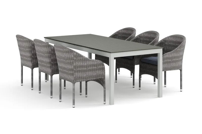 Tunis utendørs spisegruppe uttrekkbar 205/305x90 cm med 6 Thor lenestoler, Hvit/grå