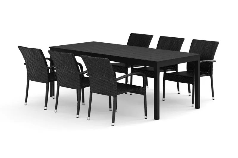 Tunis utendørs spisegruppe uttrekkbar 205/305x90 cm med 6 Thor Light utendørs lenestoler - Svart/Svart - Hagemøbler - Hagegruppe - Spisegrupper hage