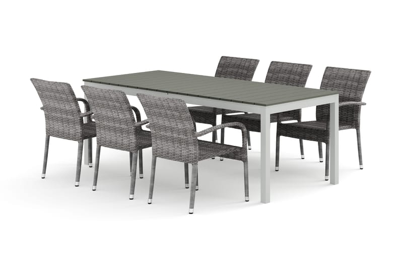 Tunis utendørs spisegruppe uttrekkbar 205/305x90 cm med 6 Thor Light uterlenestoler, Hvit/Grå