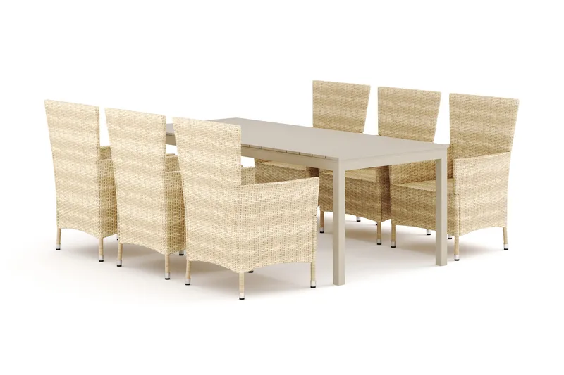 Tunis utendørs spisegruppe uttrekkbar 205/305x90 cm med 6 Thor uterlenestoler, Beige/Beige