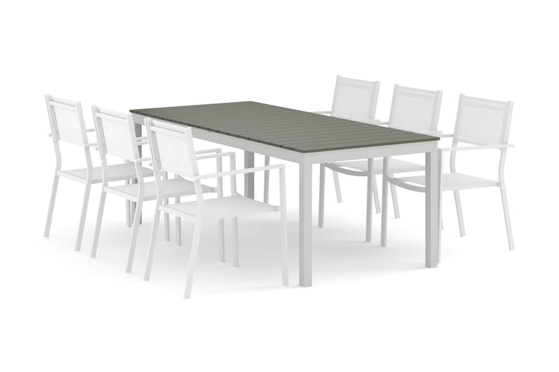 Tunis utendørs spisegruppe uttrekkbar 205/305x90 cm med 6 Tunis stablestoler - Hvit/Grå - Hagemøbler - Hagegruppe - Spisegrupper hage