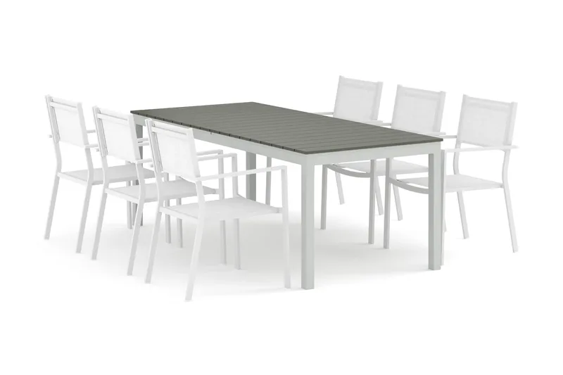 Tunis utendørs spisegruppe uttrekkbar 205/305x90 cm med 6 Tunis stablestoler - Hvit/grå - Hagemøbler - Hagegruppe - Spisegrupper hage
