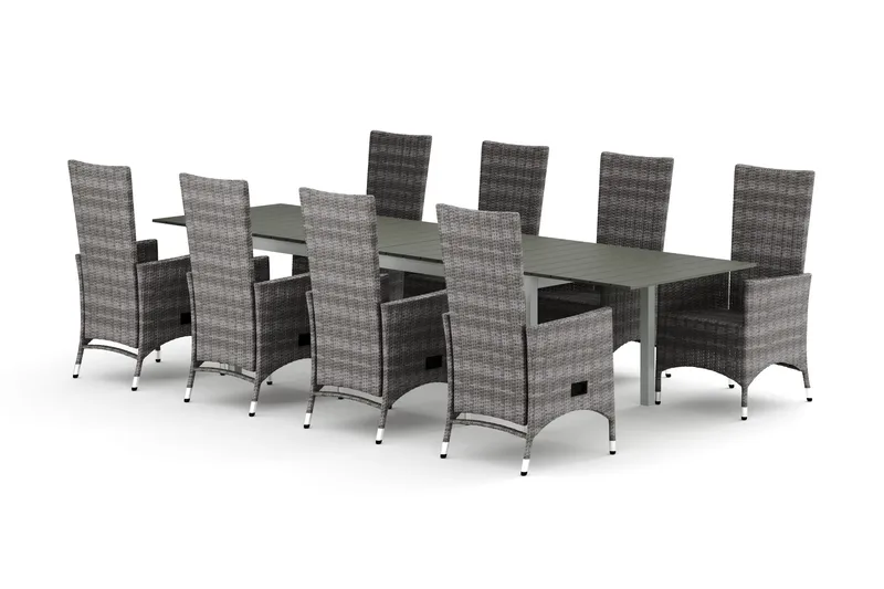 Tunis utendørs spisegruppe uttrekkbar 205/305x90 cm med 8 Jenny spisestoler - Hvit/Grå - Hagemøbler - Hagegruppe - Spisegrupper hage