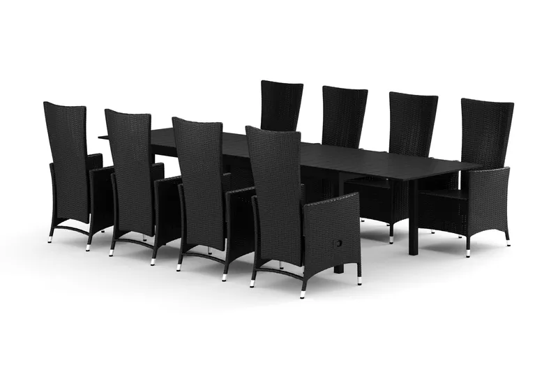 Tunis utendørs spisegruppe uttrekkbar 205/305x90 cm med 8 Jenny spisestoler, Svart/Svart