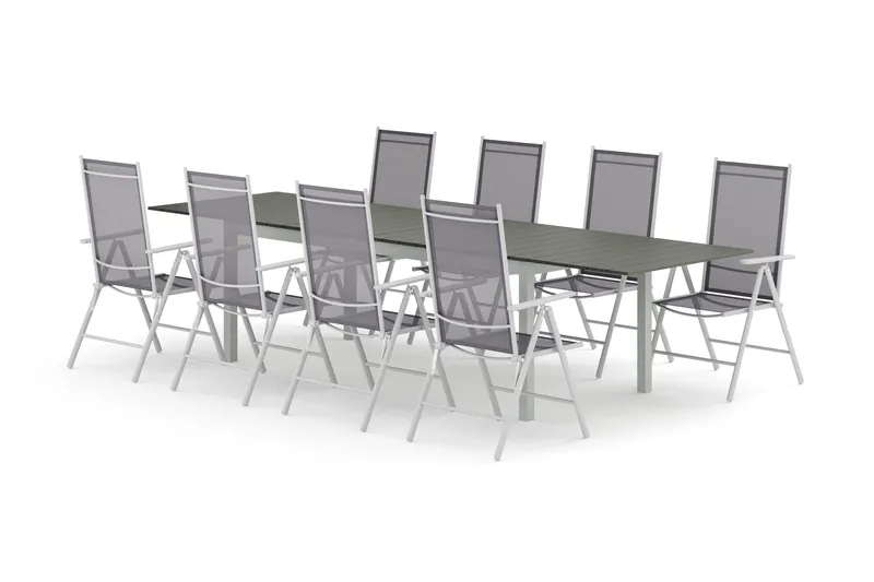 Tunis utendørs spisegruppe uttrekkbar 205/305x90 cm med 8 Maggie posisjonsstoler - Hvit/Grå - Hagemøbler - Hagegruppe - Spisegrupper hage