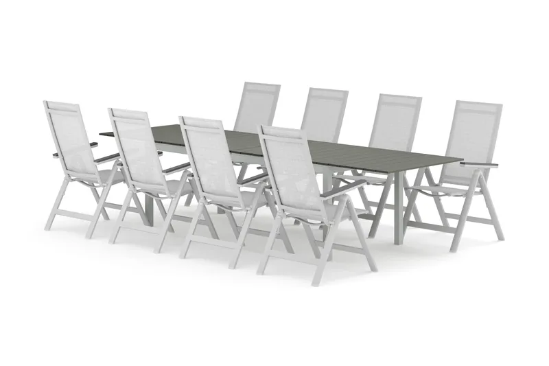 Tunis utendørs spisegruppe uttrekkbar 205/305x90 cm med 8 Monaco Light regulerbare stoler, Hvit/grå