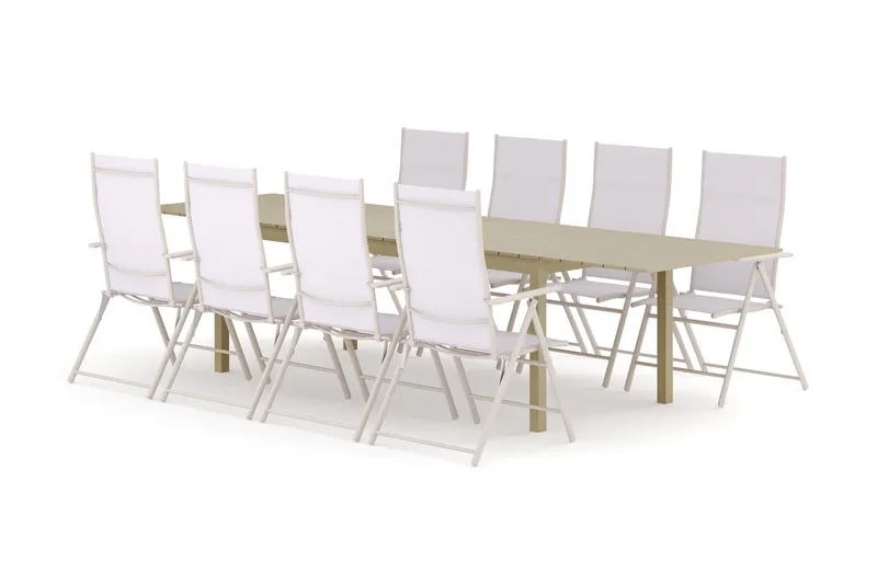 Tunis utendørs spisegruppe uttrekkbar 205/305x90 cm med 8 regulerbare stoler, Beige/Beige