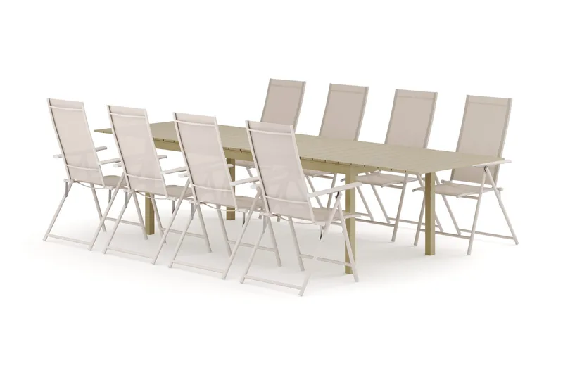 Tunis utendørs spisegruppe uttrekkbar 205/305x90 cm med 8 Sanna regulerbare stoler - Beige/Beige - Hagemøbler - Hagegruppe - Spisegrupper hage