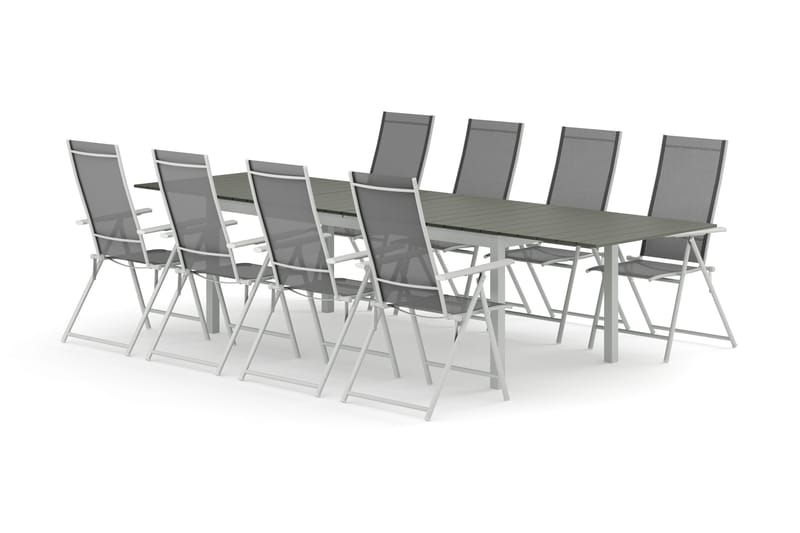 Tunis utendørs spisegruppe uttrekkbar 205/305x90 cm med 8 Sanna regulerbare stoler, Hvit/grå