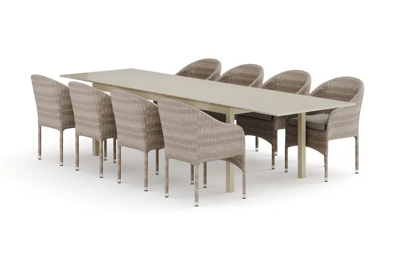 Tunis utendørs spisegruppe uttrekkbar 205/305x90 cm med 8 Thor lenestoler, Beige/Beige