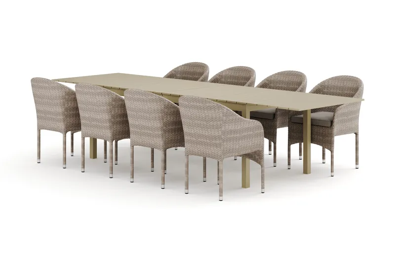 Tunis utendørs spisegruppe uttrekkbar 205/305x90 cm med 8 Thor lenestoler, Beige/Beige