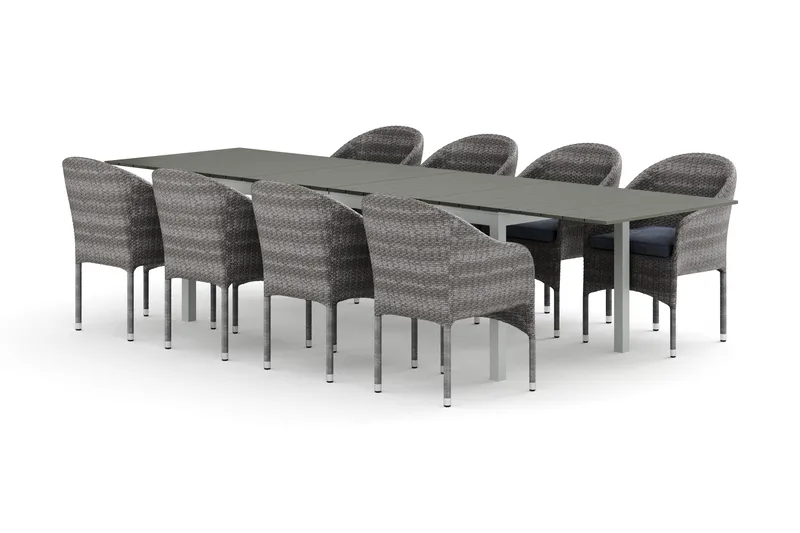 Tunis utendørs spisegruppe uttrekkbar 205/305x90 cm med 8 Thor lenestoler - Hvit/grå - Hagemøbler - Hagegruppe - Spisegrupper hage