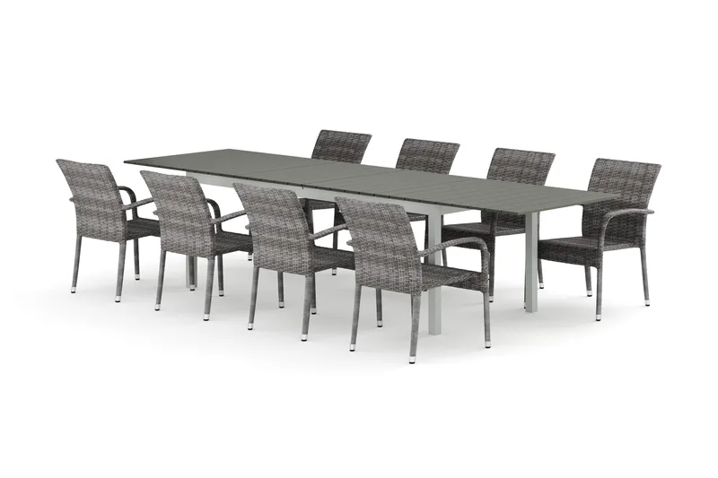 Tunis utendørs spisegruppe uttrekkbar 205/305x90 cm med 8 Thor Light utendørs lenestoler - Hvit/Grå - Hagemøbler - Hagegruppe - Spisegrupper hage
