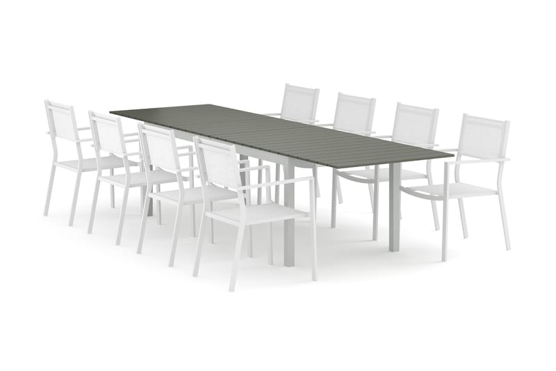 Tunis utendørs spisegruppe uttrekkbar 205/305x90 cm med 8 Tunis stablestoler - Hvit/Grå - Hagemøbler - Hagegruppe - Spisegrupper hage